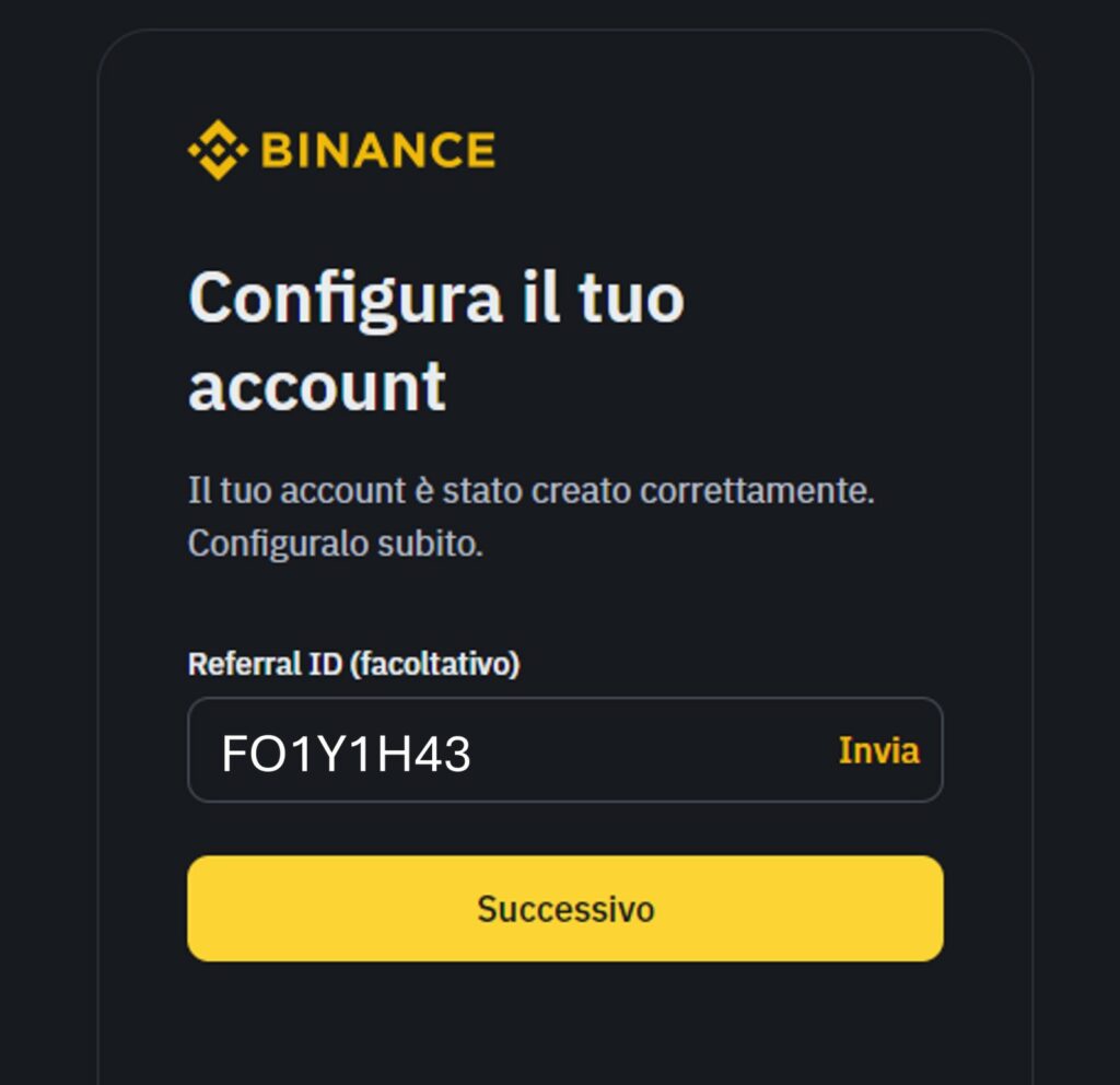 referral id facoltativo Binance